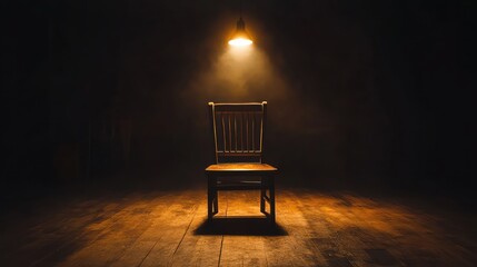 Empty Chair Lit by Single Lamp in Dark Room