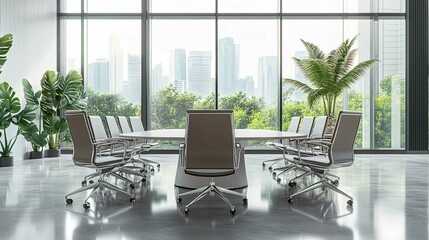 Modern conference room interior design with table chairs and city view office space for business meetings