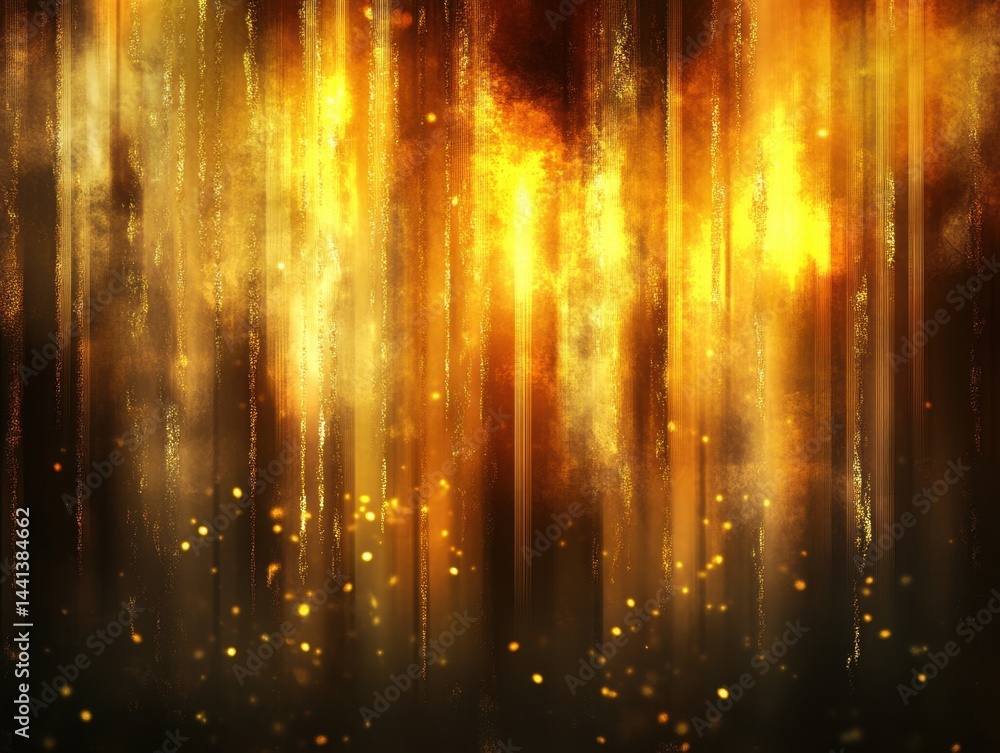 Poster golden brilliance abstract backdrop with sparkling light effects and vertical streaks creating a mag