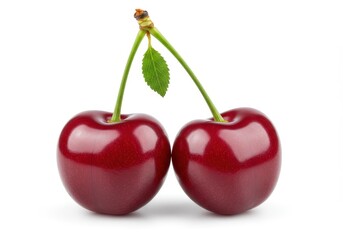 Two ripe cherries with stems and a leaf attached isolated against a white background in a studio shot