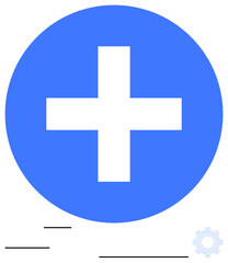 Obraz premium White cross inside blue circle with subtle settings gear. Ideal for health, positivity, addition, support, administration, growth, improvement. Flat simple metaphor