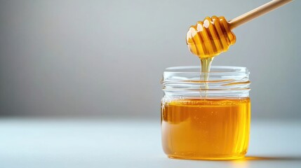 Golden honey flows from a wooden dipper into a clear glass jar, showcasing its viscous texture and amber hue.