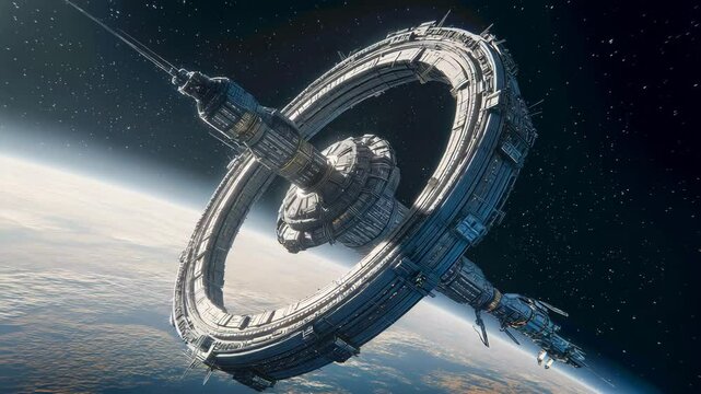Futuristic Space Station Orbiting Earth A Stunning View of a Large Orbital Structure in Space, modern film like spacecraft in cosmic galaxy