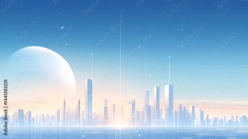 Aufkleber 静寂な青い空の下に輝く未来都市のスカイラインの風景 夜空に星がきらめく水面の反射と光のグラデーション