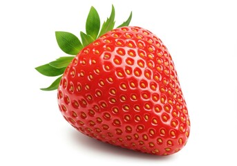 A single strawberry with green leaves isolated on a white background in detailed close up view