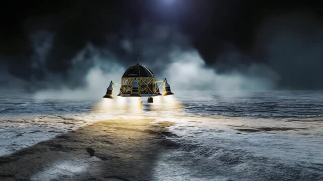 Lunar Lander Descending Through Misty Moon Surface at Night, space moon satellite robot landing on moon/mysterious planet surface