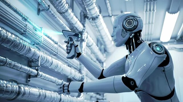 Advanced Robot Repairing High-Tech Machinery in a Futuristic Industrial Environment with Neon Glow
