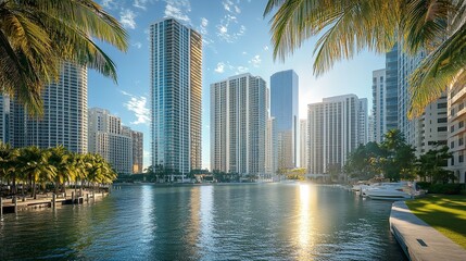 Obraz premium Miami florida cityscape skyline architecture travel destination building tourism urban landscape view river