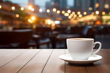 Obraz premium Coffee Cup on Wooden Table with Blurred Bokeh City Lights in Background