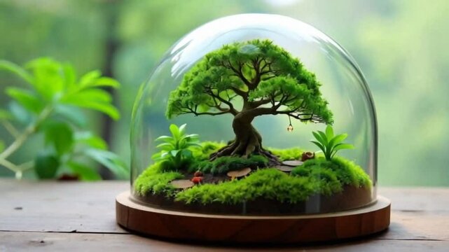 A thriving tiny forest enclosed in a clear glass dome, perfect for world environment day