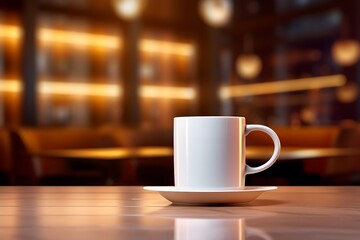 Fototapeta premium Elegant White Coffee Cup on Saucer with Bokeh Background in Warm Restaurant Lights
