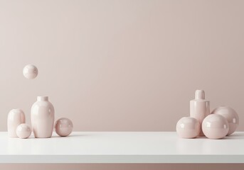 Still life of pink spheres and vases on a white surface against a pastel pink background scene setup