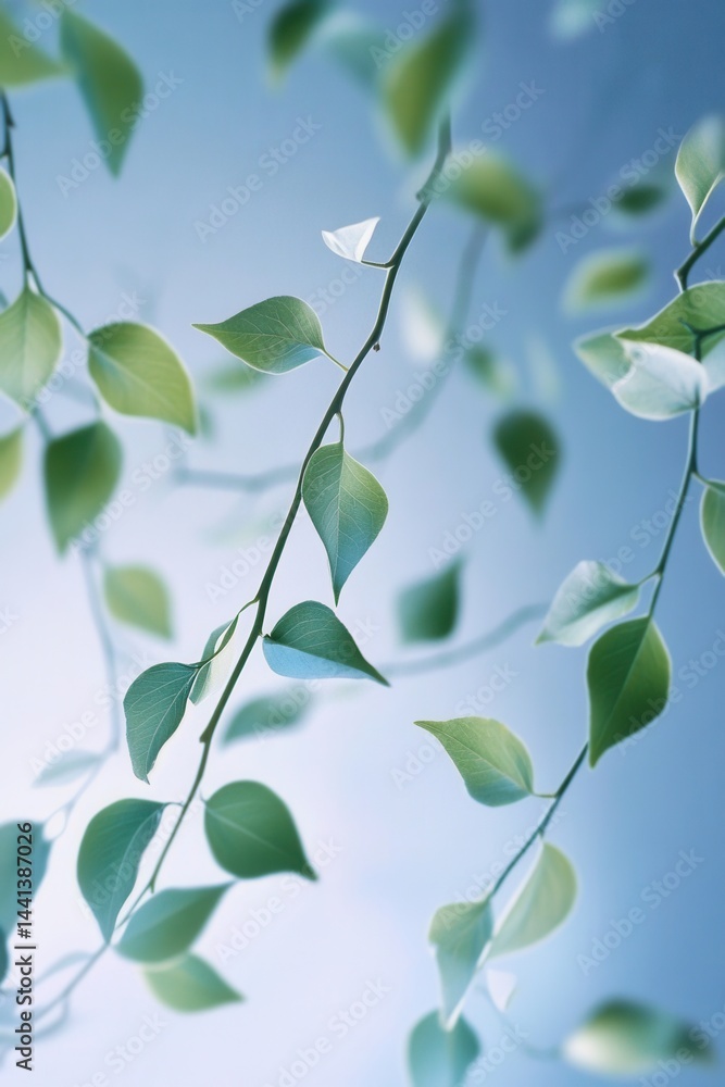 Poster serene foliage on a light blue background showcasing delicate leaf details and soft lighting creatin