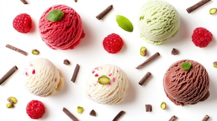 Assorted ice cream scoops, raspberries, and chocolate pieces on a white background