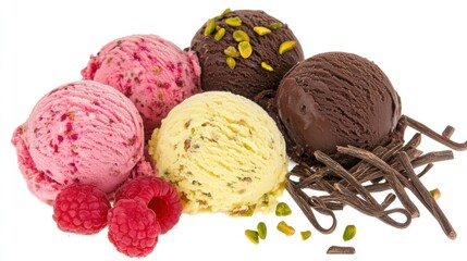 Fototapeta premium Assorted ice cream scoops, raspberries, pistachios, and chocolate shavings