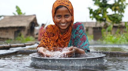 Smiling Woman Collects Clean Water in Sustainable Village with Water Supply System for a Better Future