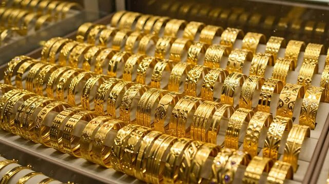Rows of ornate gold bangles displayed in a luxury jewelry store showcase.. 4K Video