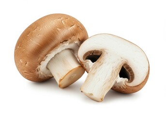 Fototapeta premium A close up shot of two brown mushrooms, one whole and one cut in half, on a white background