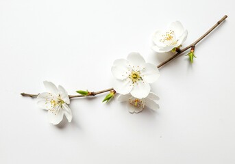 A delicate branch with blooming white flowers and small green buds on a white background surface top view
