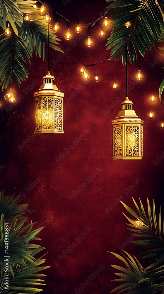 Poster ornate gold lanterns with string lights and palm leaves on red background