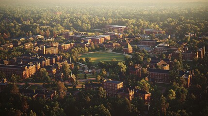 Obraz premium Aerial View of Campus with Lush Greenery and Historic Buildings at Golden Hour in Photographic Realism