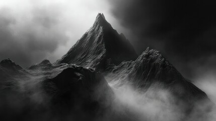 Dramatic black and white photo of a towe jagged mountain peak surrounded by mist and clouds with a dark stormy sky overhead, creating a mysterious and powerful landscape scene