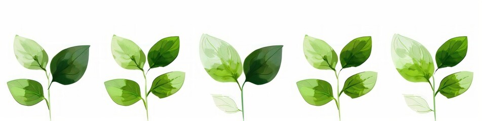 Row of five small green branches with pairs of light and dark green leaves on white background