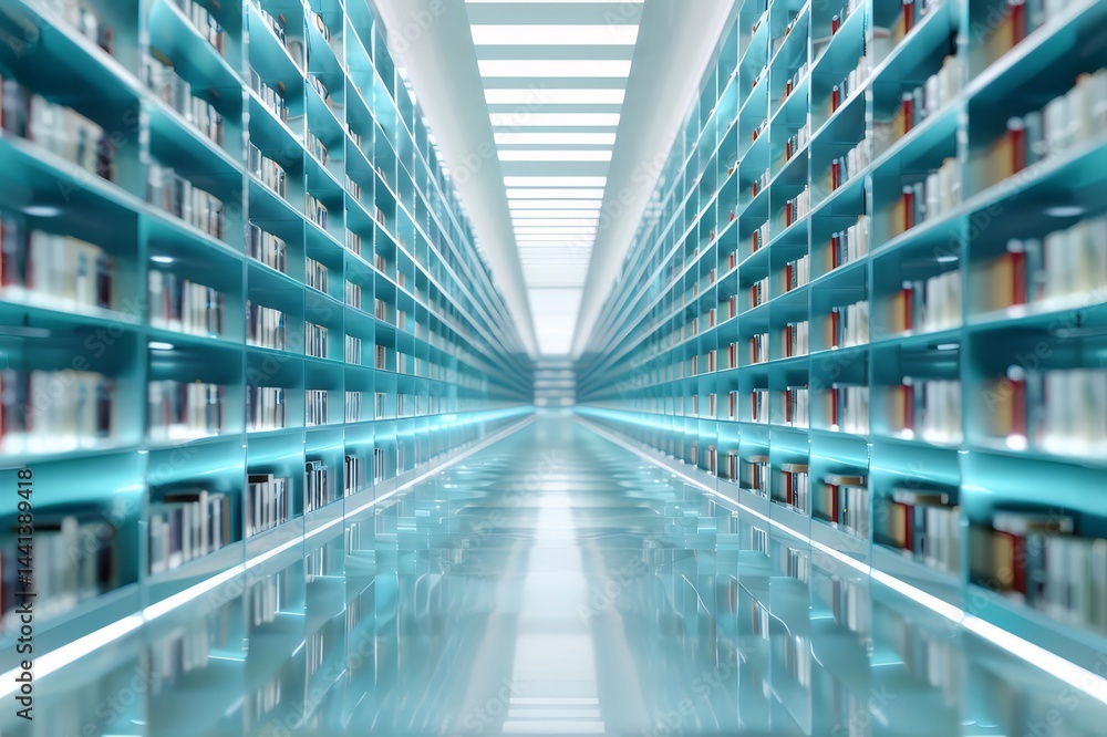 Aufkleber 青い光の中の図書館のインテリア 広々とした空間に並ぶ書籍と本棚