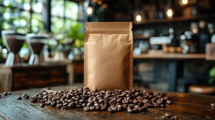 Coffee beans with kraft bag, and cafe.