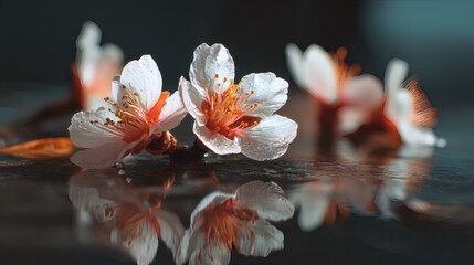 CloseUp of Spring Blossom with Water Reflection on Dark Surface, Elegant Flora