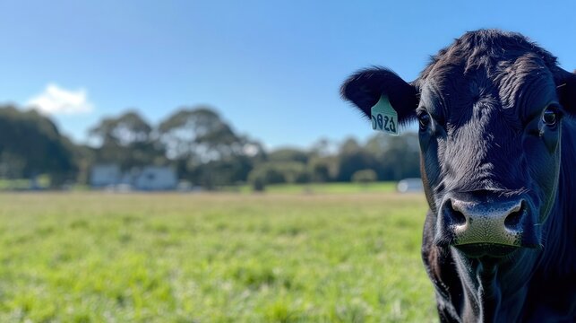 Black cow in a green field under a clear sky