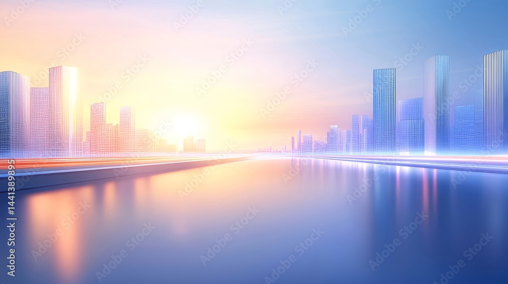 Aufkleber 黄金色の太陽が昇る未来都市のパノラマ風景 水面と高層ビル群の輝きを表現