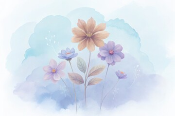 Soft pastel flowers with delicate leaves against a dreamy watercolor blue background, creating a serene and gentle floral illustration.