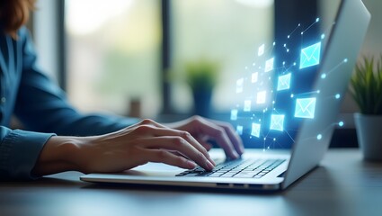 Background of email network system with hands on laptop, digital mail interface in modern tech workspace
