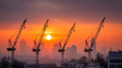 Obraz premium Construction cranes at sunrise over city skyline. 