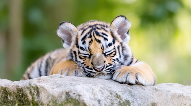 A cute tiger cub resting its head on a rock, with a blurred green background.