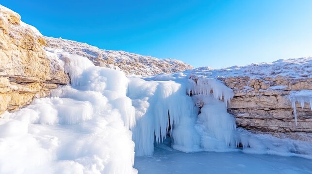 Frozen waterfall cascading down a rocky cliff face, covered in snow and ice, under a clear blue sky.