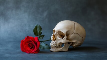 Fine Art Still Life of Anatomical Skull and Red Rose on Dark Gray Background