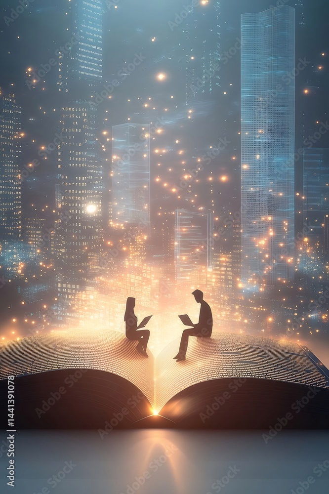 Aufkleber 巨大な本に座る二人の人物がデジタル都市の輝きの中で情報交換する様子