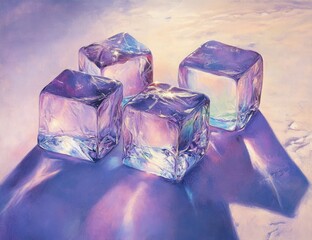 Four ice cubes sit on a surface casting purple shadows.