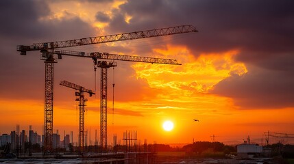 Construction cranes at sunset over a city under construction. Possible use Stock photo for construction projects, urban development, and industrial imagery