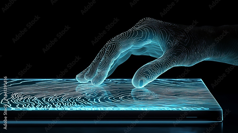 Poster interactive digital interface with a hand touching a glowing screen. complex data visualization