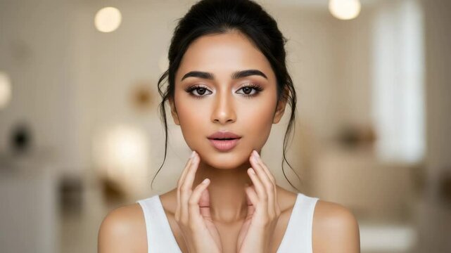 skincare products or oils. Apply, portrait and Indian girl model in bathroom with natural mouth care for routine, treatment or moisturizer, Beauty, face and woman with lip balm in home for cosmetics