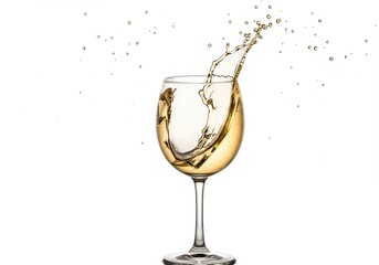 A clear wine glass filled with a golden liquid splashing against a bright white background studio shot