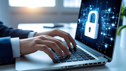 Cyber lock interface background on laptop screen with typing hands in bright environment