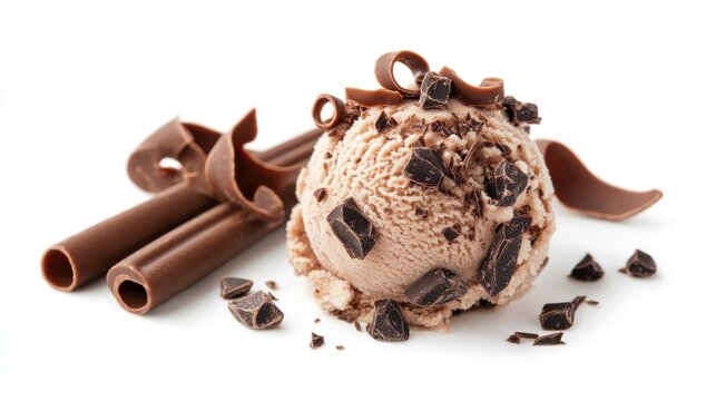 Chocolate ice cream scoop topped with chocolate curls and chunks