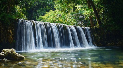 Obraz premium Majestic waterfall cascading down rocky cliff surrounded by lush greenery and vibrant flora in a serene natural landscape