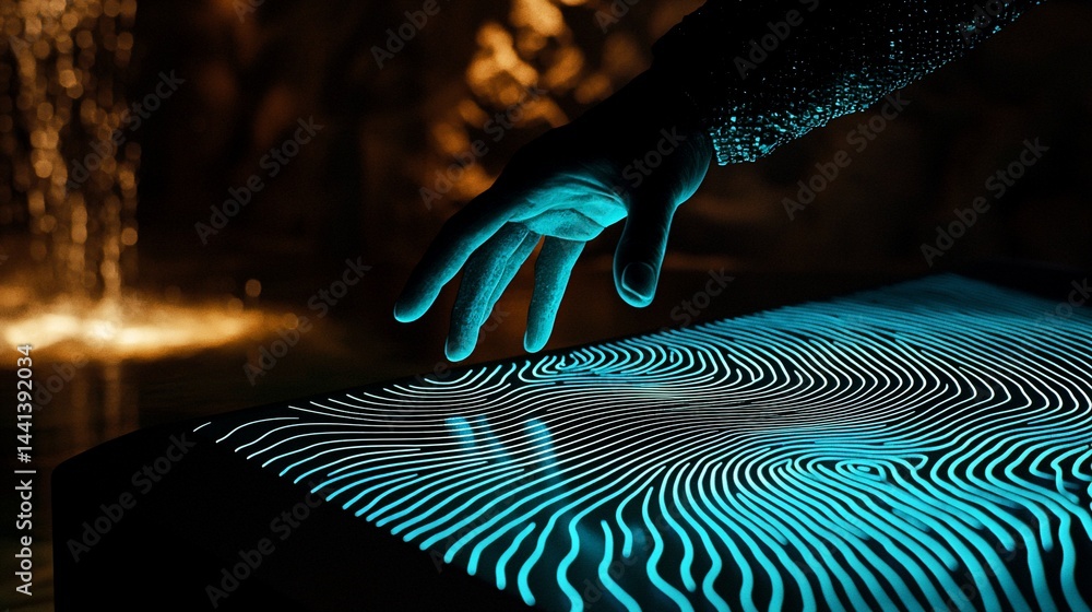 Aufkleber interactive touch table with glowing fingerprint patterns. hand reaching towards illuminated surface