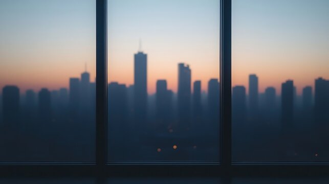 A city skyline is seen through a window at sunset, with buildings silhouetted against a colorful sky.