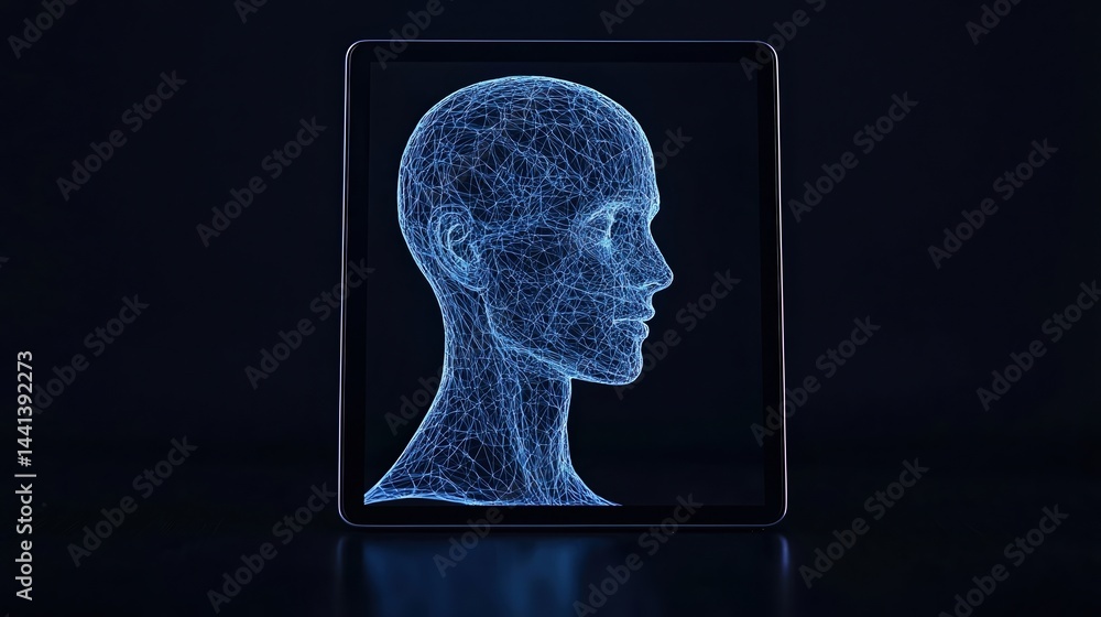 Poster a digital wireframe head is displayed on a tablet screen against a dark background, symbolizing arti
